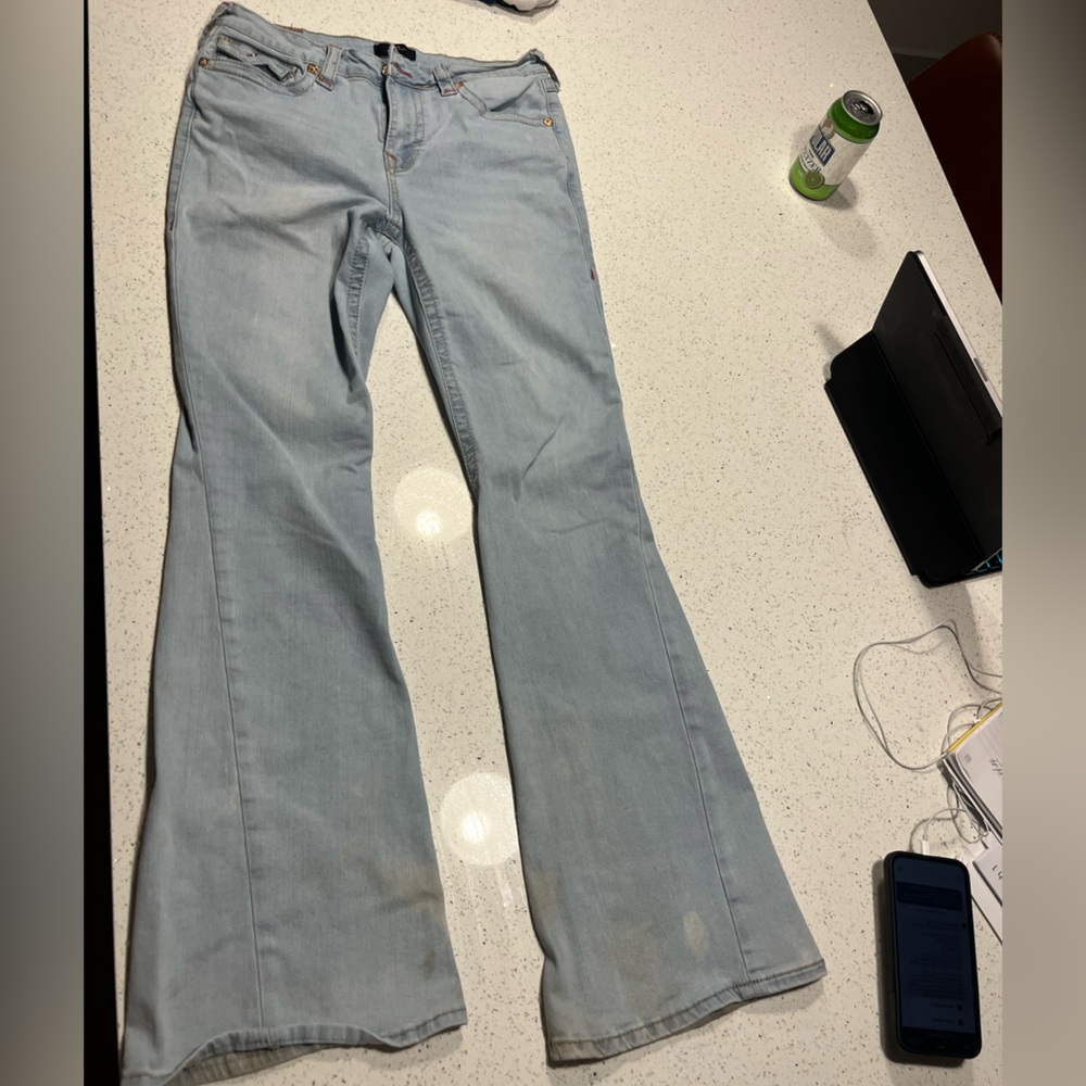 True religion mid rise pink and denim flare jeans